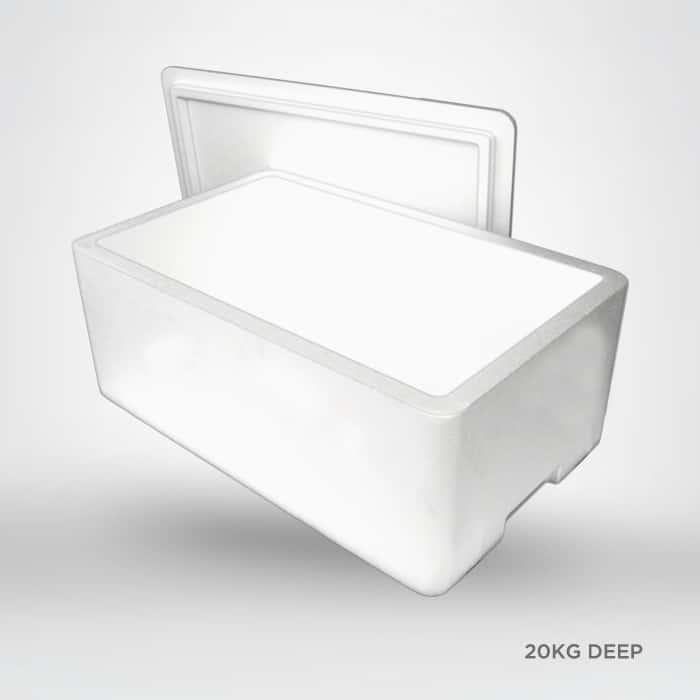 A stack of Freshpac polystyrene boxes designed for transporting and storing food, showcasing durability and insulation properties, isolated on a white background.