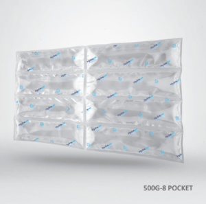 Water ice packs in a 500g size featuring 8 pockets, designed for effective cooling and insulated for durability, displayed on a white background.