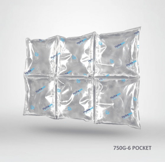 Six-pocket water ice packs weighing 750g each, designed for effective cooling, displayed against a white background.