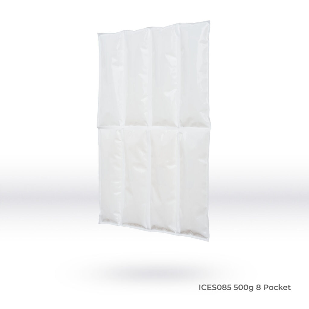 Gel ice pack with 8 pockets for effective cooling, weighing 500g, designed in a square shape, isolated on a white background.