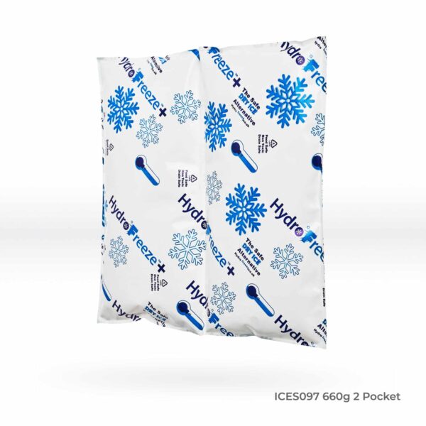 HydroFreeze+ Ice Pack featuring two pockets, designed for optimal cooling, weighing 660g, with a square shape and text, presented on a white background.