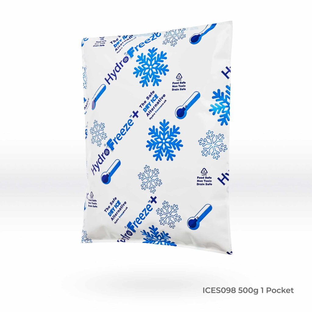 HydroFreeze+ ice pack designed for one pocket use, weighing 500g, featuring a compact square shape for optimal cooling, isolated on a white background.