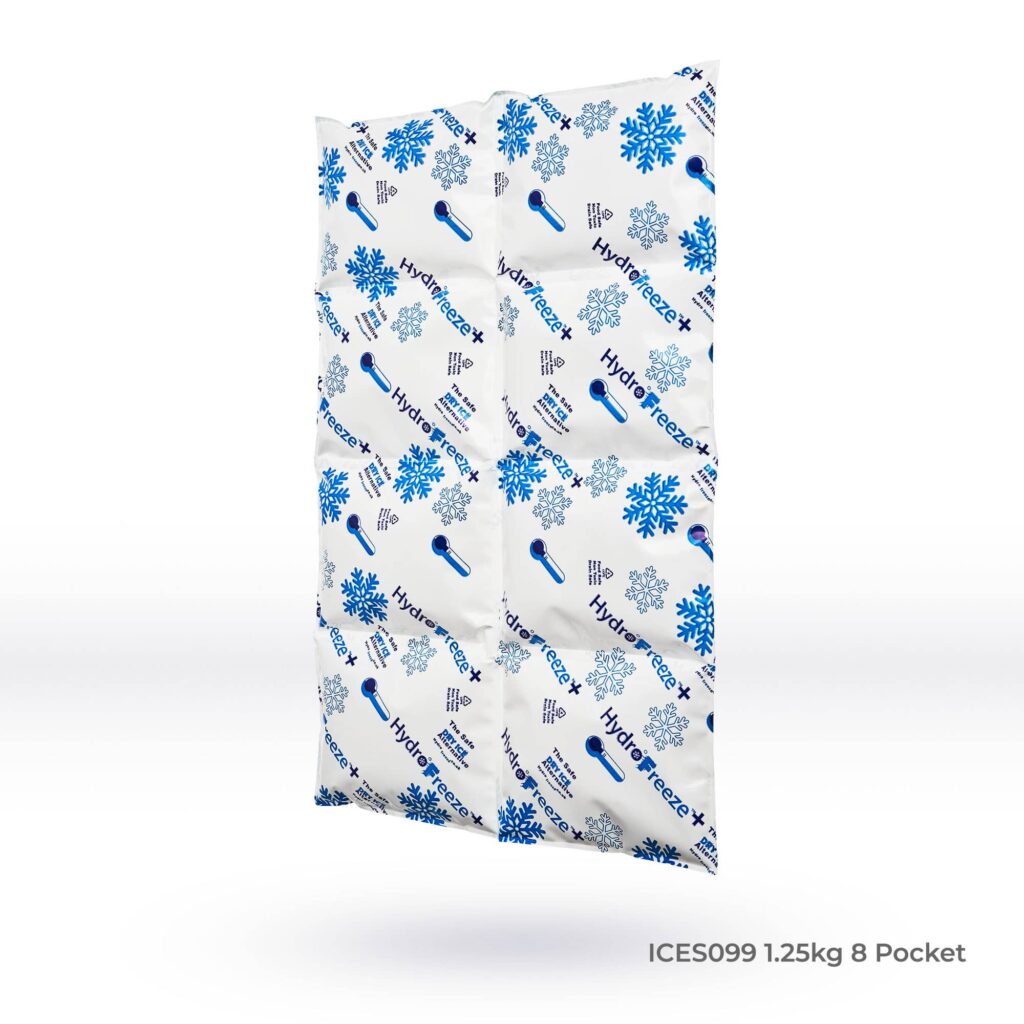 HydroFreeze+ Ice Pack featuring 8 pockets for enhanced cooling, weighing 1.25kg, displayed on a white background.