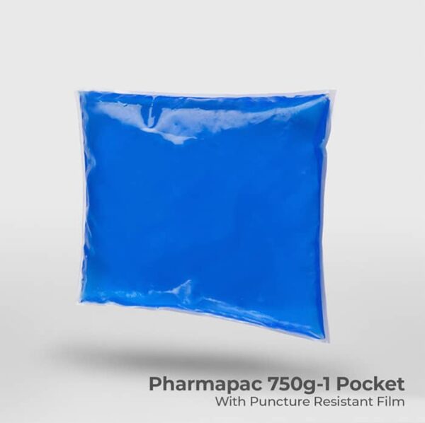 Gel ice pack by Pharmapac, 750g, designed for effective cooling and safe temperature maintenance, shown on a white background.