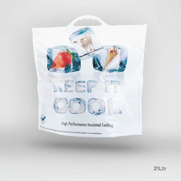 Antibacterial insulated cool bag with a 21-liter capacity in a vibrant design, featuring a sturdy handle, displayed against a white background.