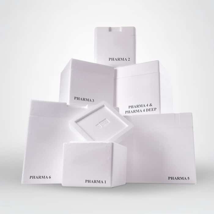 A set of polystyrene boxes designed for pharmaceutical packaging, showcasing durable material and secure closure, isolated on a white background.