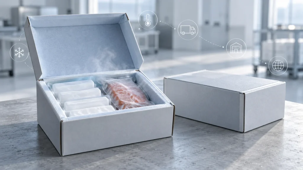 Open insulated shipping box packed with white frozen ice packs and a frozen food pouch beside a closed insulated box