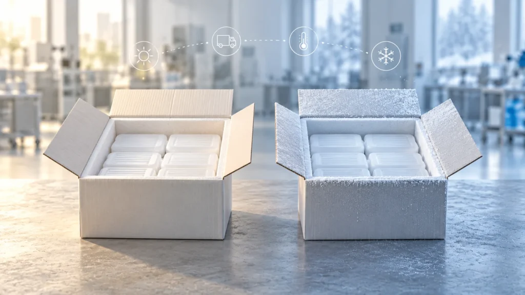Two identical insulated shipping boxes with ice packs, one in warm summer light and one in cold frosted winter light