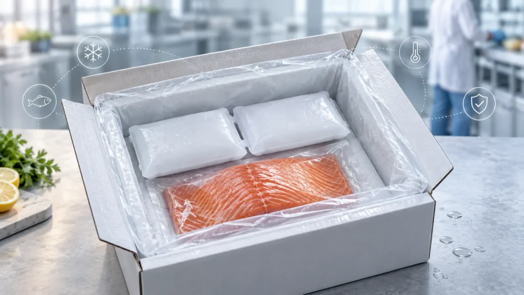 Insulated food shipping box lined with a sealed barrier bag holding a vacuum packed salmon fillet and two white water ice packs