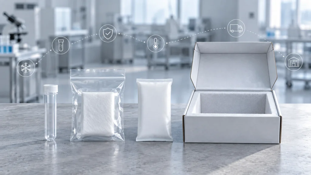 UN3373 triple packaging components in a row: sample tube, sealed specimen bag with absorbent pad, slim cold pack and rigid outer mailer