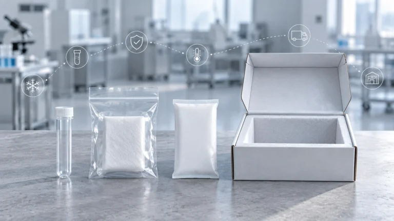 UN3373 triple packaging components in a row: sample tube, sealed specimen bag with absorbent pad, slim cold pack and rigid outer mailer