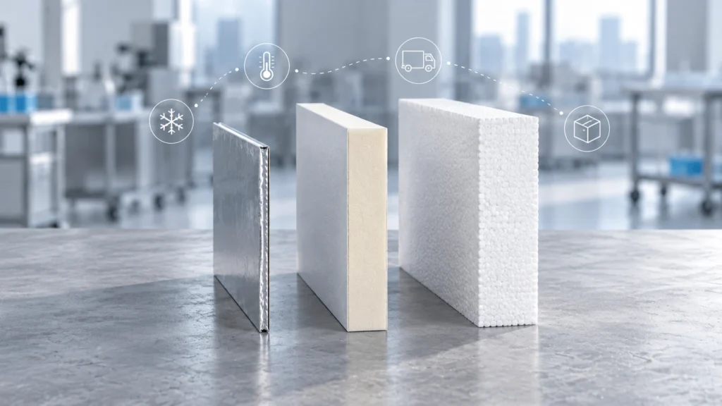 Vacuum insulated panel, rigid polyurethane board and expanded polystyrene slab stood on edge to compare wall thickness